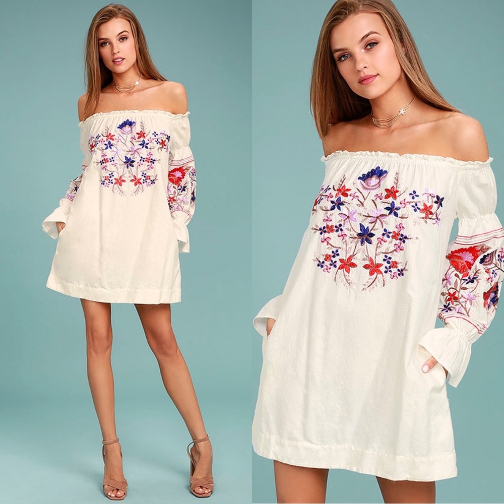 Free People Fleur Du Jour Cream Embroidered Dress